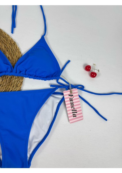 Saks Mavi Boyundan Bağlamalı Şık Üçgen Kadın Bikini Takımı fiyatları
