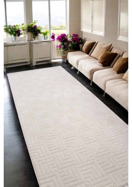 Merinos Frigya Krem Kaymaz Tabanlı Kesme Kabartmalı Salon Koridor Mutfak Halı