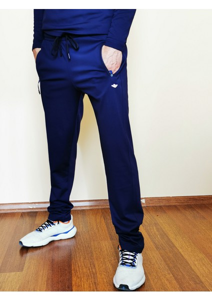 Erkek Lacivert Düz Paça Dalgıç Kumaş Eşofman Altı 2046-01