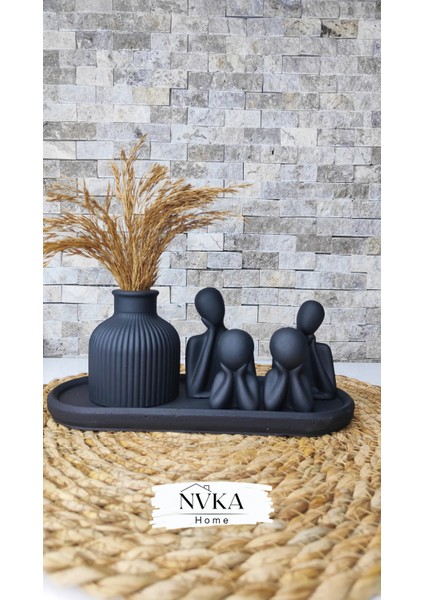 Nvka Store 6 Lı Siyah Set Fitilli Vazo+Aile Biblo Set+Oval Sunumluk