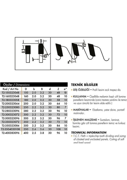 Sert Metal Plaketli Trp. Dişli Hassas Kesim Testeresi 250X3.2/2.2X30 Z=80