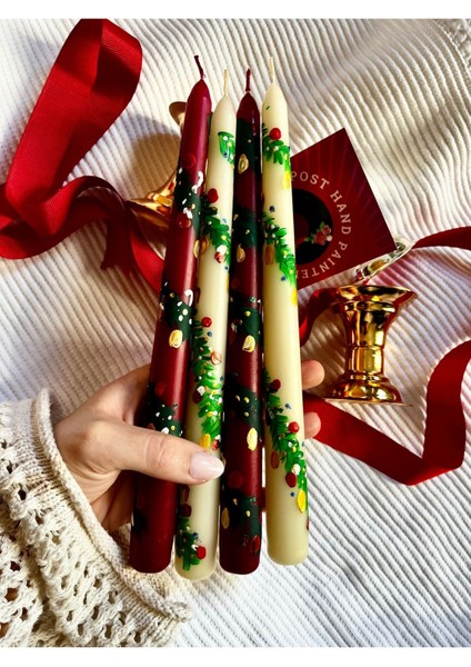 El Yapımı Dekoratif Yılbaşı Şamdan Mum Seti – Kırmızı & Krem, El Boyaması Şık Tasarım
