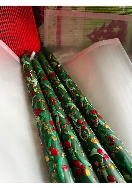 El Yapımı Yeşil Dekoratif Şamdan Mumu – El Boyaması, Parlak Yılbaşı Tasarımı