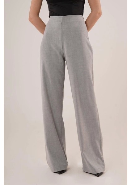 Bol Paça Yandan Fermuarlı Gri Kumaş Pantolon