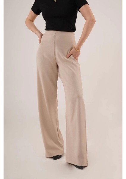 Bol Paça Yandan Fermuarlı Krem Kumaş Pantolon