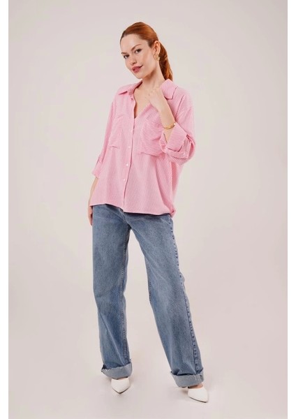 Yarasa Kol Çizgili Cep Detaylı Pembe Gömlek fiyatları