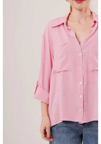 Yarasa Kol Çizgili Cep Detaylı Pembe Gömlek modelleri