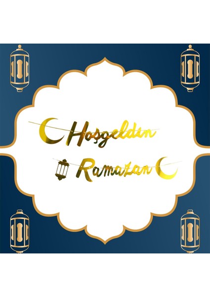 Hoşgeldin Ramazan Yazılı Metalik Gold Ramazan Bayramı Altın Renginde Ipli Süs Yazı Banner