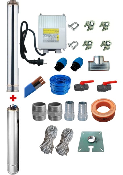 4sdm4/8 0,75HP Alarko 20 mt Yassı Kablolu ve Panolu 40 mt Halatlı Çift Vanalı Akıtma Başlıklı Monofaze Takım Dalgıç Pompa