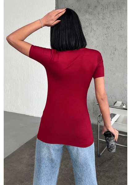 Rahat ve Şık Kısa Kollu Bisiklet Yaka Likralı Viskon Penye Body Bordo ( Lisinya )