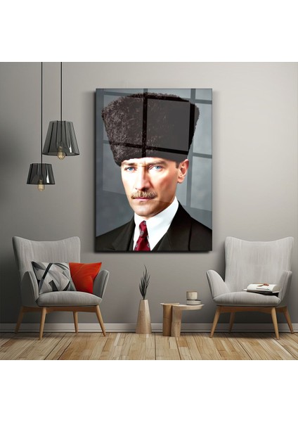 Mustafa Kemal Atatürk 3D Yakın Portre Cam Tablo- Ev ve Ofis Dekorasyonu-Hediyelik-Dekoratif-Modern-Atatürk