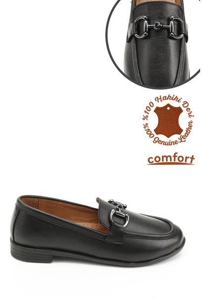 Kadın Siyah Tokalı Hakiki Deri Loafer Ayakkabı
