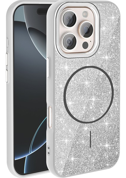 iPhone 16 Pro Max Kılıf Magsafe Şarj Özellikli Parlayan Simli Okso Kılıf