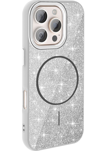 iPhone 16 Pro Max Kılıf Magsafe Şarj Özellikli Parlayan Simli Okso Kılıf