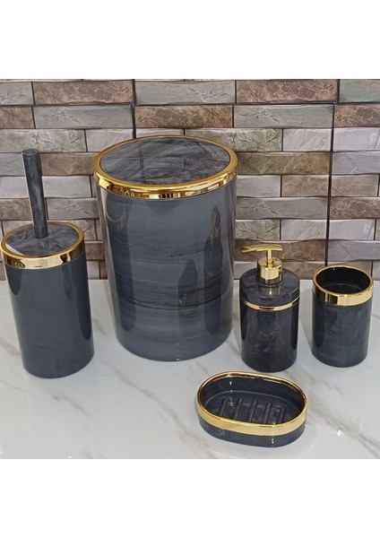 Akrilik Yuvarlak 5 Parça Mermer Desen Banyo Set Siyah Gold