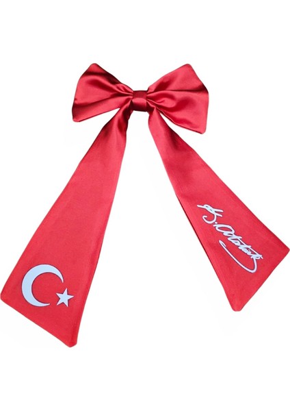 Ay Yıldız Atatürk Imzalı Fiyonklu Kırmızı Saç Tokası