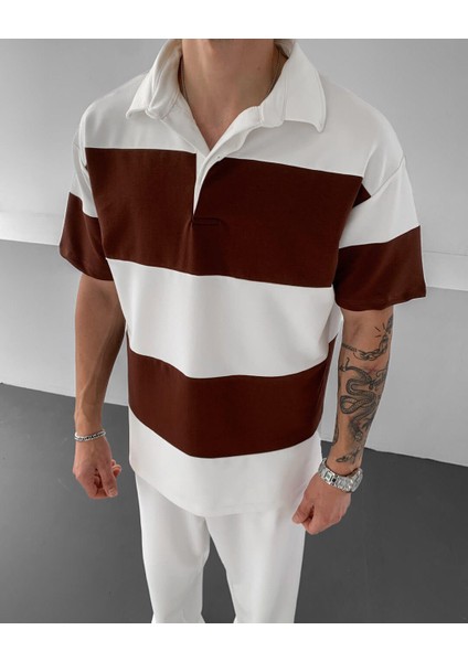 Yatay Çizgili Polo Yaka Oversize Unisex T-Shirt