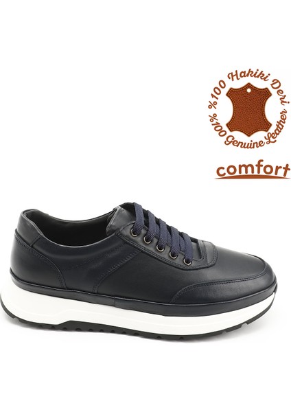 Erkek Lacivert Bağcıklı Hakiki Deri Comfort Sneaker