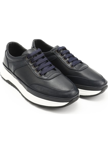 Erkek Lacivert Bağcıklı Hakiki Deri Comfort Sneaker