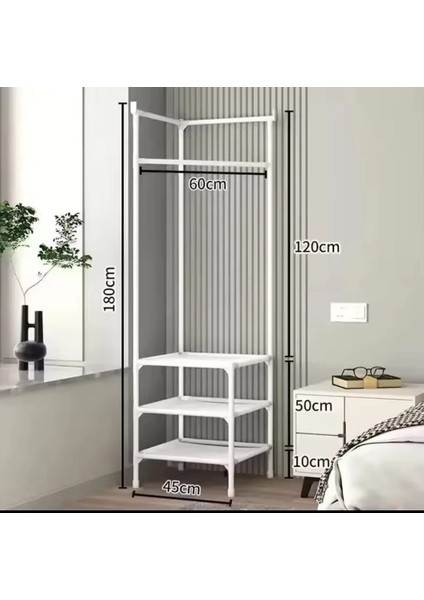 Metal Beyaz Köşe Elbise Kıyafet Askılığı Ayaklı Konfeksiyon Askılık 1083-CN