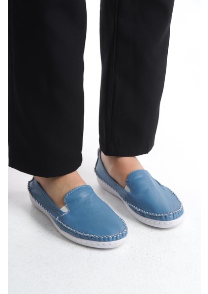 Kadın Deri Yanı Lastikli Babet Dikişli Slip-On Tam Kalıp Günlük Ayakkabı