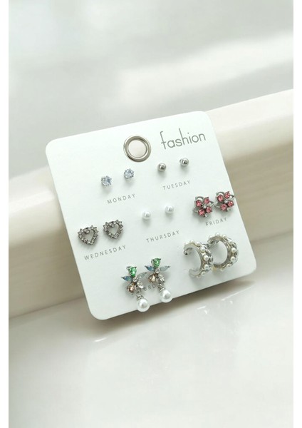 Premium 7'li Küpe Set Renkli Incili Küpe Set 35682