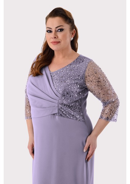 Büyük Beden Lila Renkli Krep Elbise modelleri