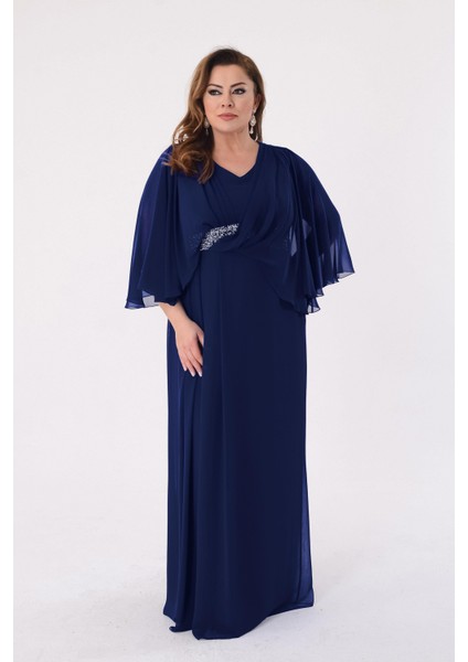 Büyük Beden Lacivert Renkli Uzun Şifon Abiye Elbise