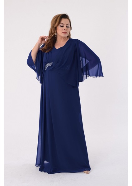 Büyük Beden Lacivert Renkli Uzun Şifon Abiye Elbise modelleri