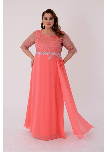 Büyük Beden Mercan Renkli Uzun Şifon Abiye Elbise