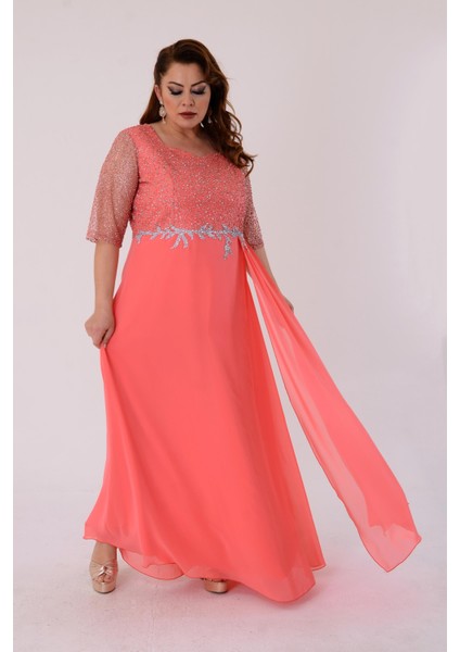 Büyük Beden Mercan Renkli Uzun Şifon Abiye Elbise fiyatları