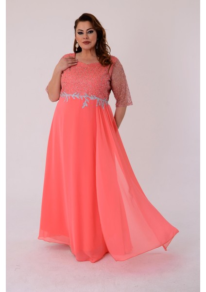 Büyük Beden Mercan Renkli Uzun Şifon Abiye Elbise modelleri