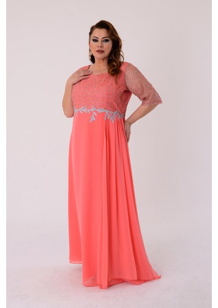 Büyük Beden Mercan Renkli Uzun Şifon Abiye Elbise fırsatları