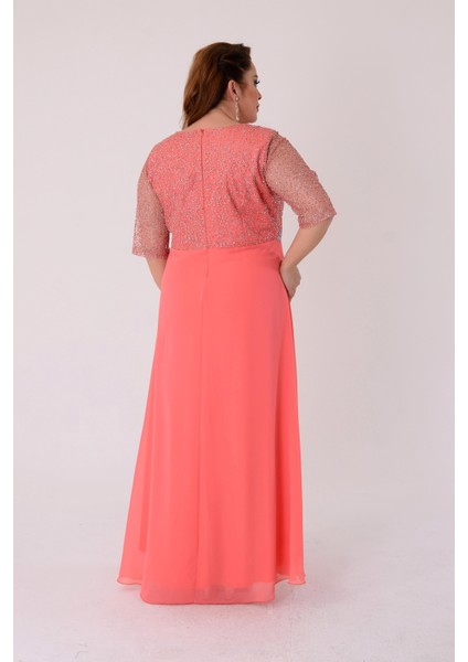 Büyük Beden Mercan Renkli Uzun Şifon Abiye Elbise indirimleri