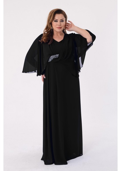 Büyük Beden Siyah Renkli Uzun Şifon Abiye Elbise