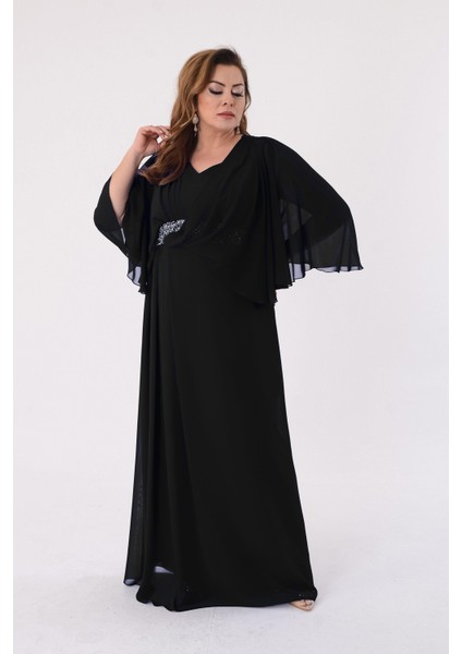 Büyük Beden Siyah Renkli Uzun Şifon Abiye Elbise fiyatları