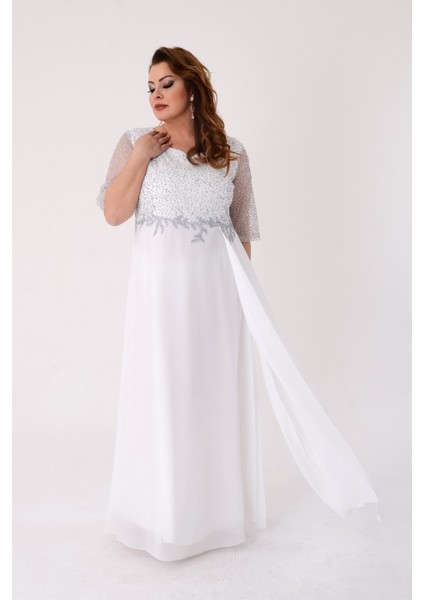 Büyük Beden Beyaz Renkli Uzun Şifon Abiye Elbise fiyatları