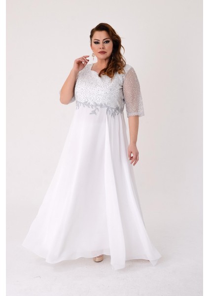 Büyük Beden Beyaz Renkli Uzun Şifon Abiye Elbise modelleri