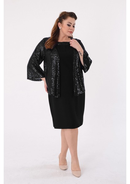 Büyük Beden Siyah Renkli Pul Payet Ceketli Krep Abiye Elbise