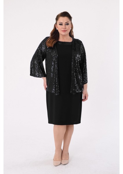 Büyük Beden Siyah Renkli Pul Payet Ceketli Krep Abiye Elbise fiyatları