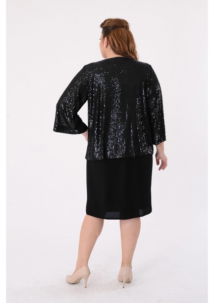 Büyük Beden Siyah Renkli Pul Payet Ceketli Krep Abiye Elbise fırsatları