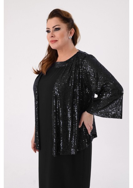 Büyük Beden Siyah Renkli Pul Payet Ceketli Krep Abiye Elbise indirimleri