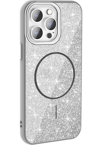 iPhone 14 Pro Max Kılıf Magsafe Şarj Özellikli Parlayan Simli Okso Kılıf