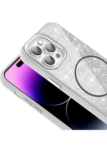 iPhone 14 Pro Max Kılıf Magsafe Şarj Özellikli Parlayan Simli Okso Kılıf