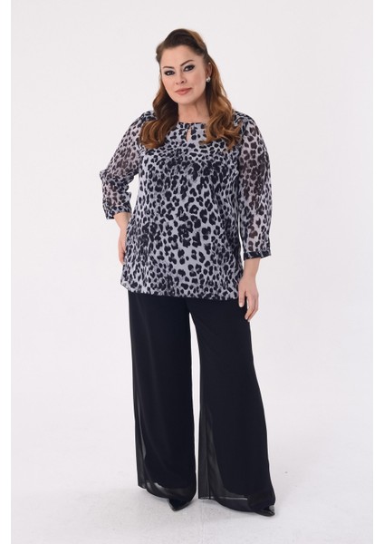 Büyük Beden Gri Renkli Leopar Desenli Şifon Abiye Bluz fiyatları