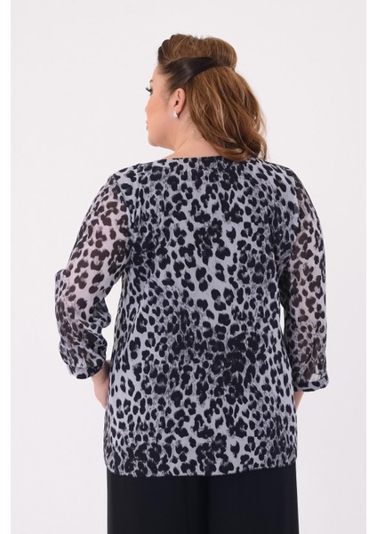 Büyük Beden Gri Renkli Leopar Desenli Şifon Abiye Bluz modelleri