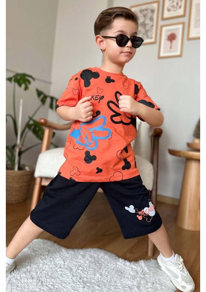 Erkek Çocuk Parmak ve Ayıcık Baskılı Turuncu T-Shirt Şortlu Takım fiyatları