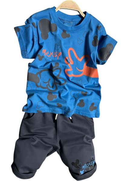Erkek Çocuk Parmak ve Ayıcık Baskılı Lacivert T-Shirt Şortlu Takım