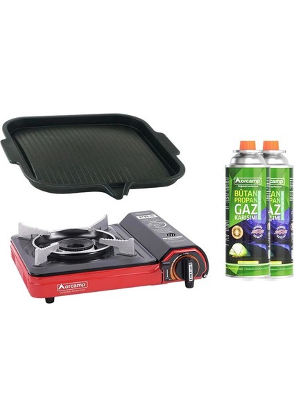 Tekli Portatif Ocak Kırmızı CK-505+OCAK Üstü Izgara CK-505-1+2 Adet Kartuş KTS-227 ORC-011-A2 fiyatları