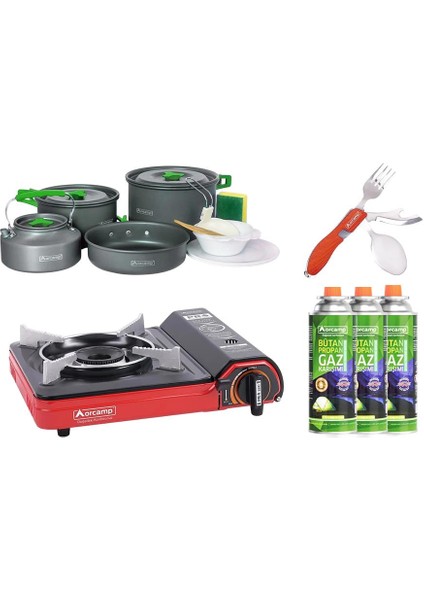 Tekli Portatif Ocak Kırmızı CK-505+4 Parça Tencere Seti OUT-1050+ÇKB OUT-1350 K+3 Adet Kartuş ORC-011-B1